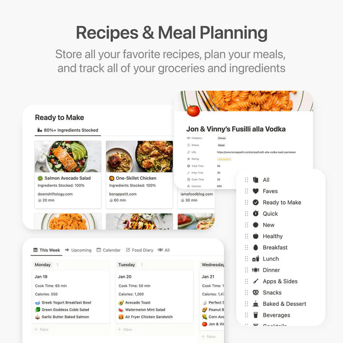 Meal planning app interface with recipe images and categories on a white background