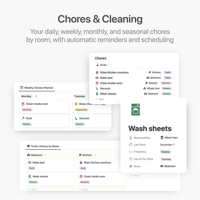 Chores and cleaning management app interface with tasks and reminders.