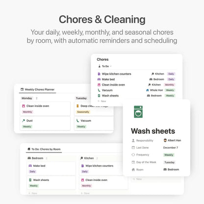 Chores and cleaning management app interface with tasks and reminders.
