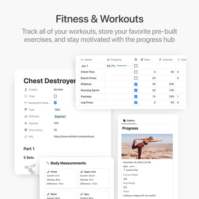Fitness and workouts tracking app interface with exercise list and progress hub.