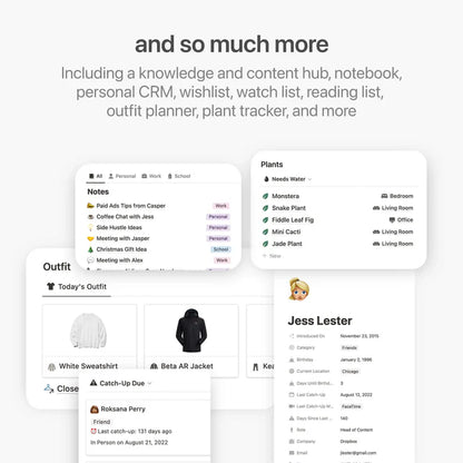 Screenshot of a digital app interface with various features including notes, outfit planner, and personal CRM.