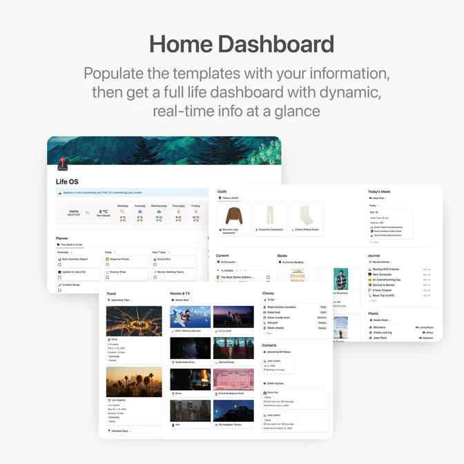 Home dashboard with various sections and a promotional text about dynamic real-time information.
