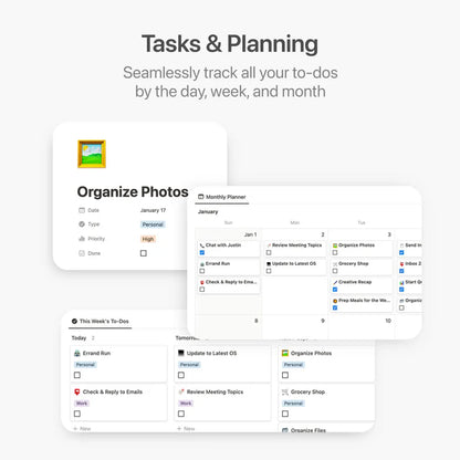 Tasks and planning interface with to-do list and calendar on a white background