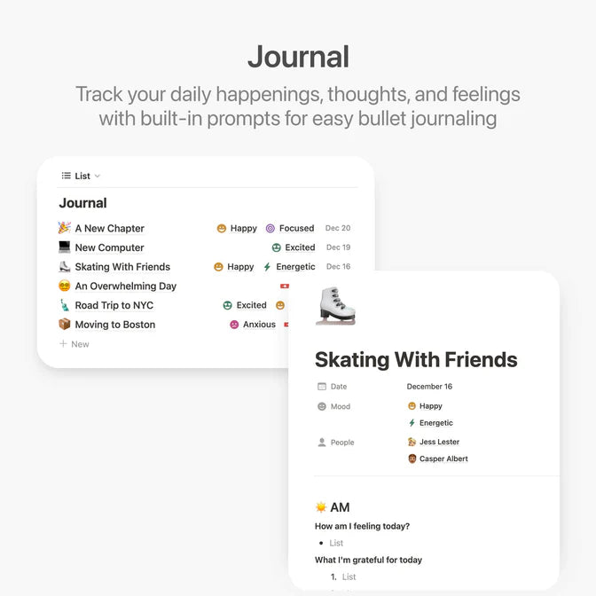 Journaling app interface with entries and prompts on a white background