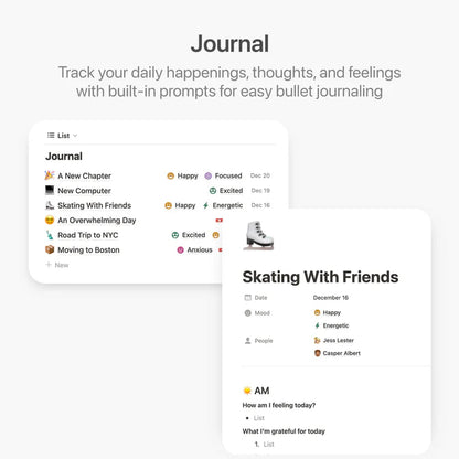 Journaling app interface with entries and prompts on a white background