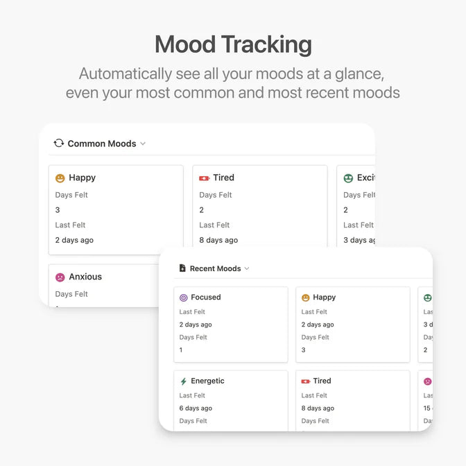 Mood tracking app interface showing common and recent moods.