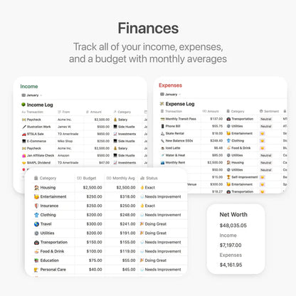 Financial tracking software with income and expense logs on a white background