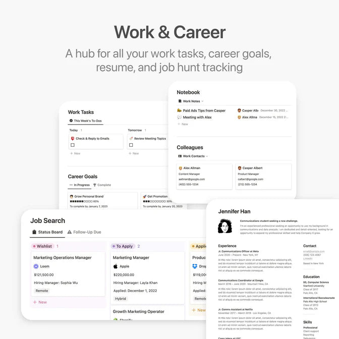 Career management platform with sections for work tasks, career goals, and job search.