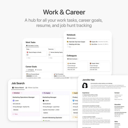 Career management platform with sections for work tasks, career goals, and job search.