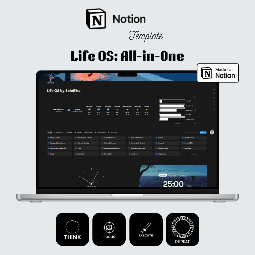 Laptop displaying a Notion template with 'Life OS: All-in-One' on a light gray background.