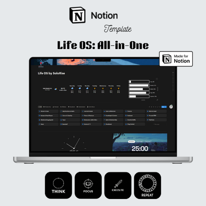 Laptop displaying a Notion template with 'Life OS: All-in-One' on a light gray background.